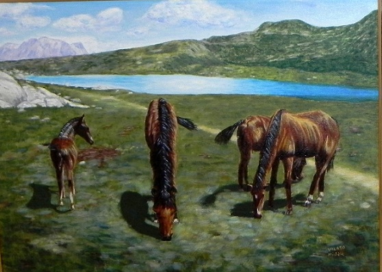 Chevaux au lac de Nino-acrylique-huile-toile-8p(46x33)